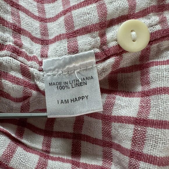 Flax Women's 100% Linen Button Front Plaid Tunic Top Lagenlook Size L White Red - Picture 6 of 14